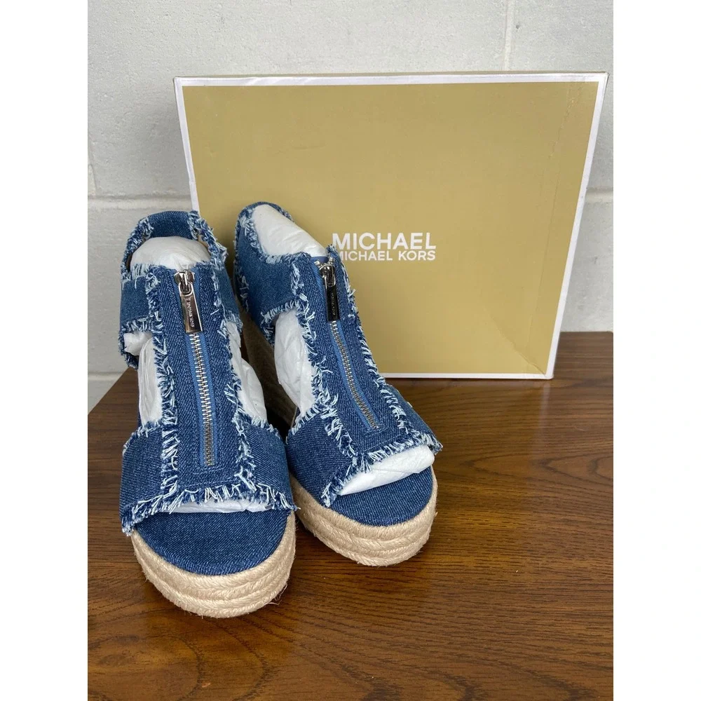 NIB Michael Kors Berkley Mid Denim Espadrille Wedge Zip Up Detail 9.5M‎ Blue